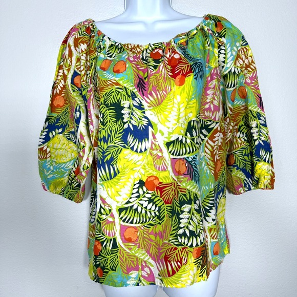 Hester and Orchard Womens Linen Cotton Blouse L  Colorful Resort Balloon Sleeve - Picture 1 of 12